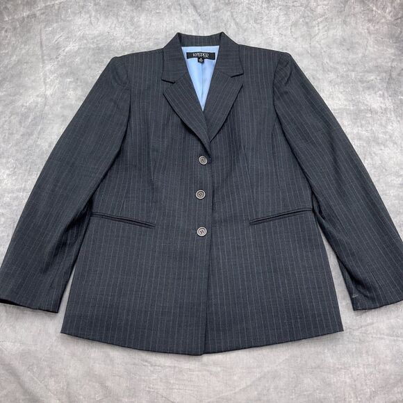 Kasper Blazer Women 12 Gray White Double Pinstripe Wool Classic Career Jacket‎ - Picture 1 of 11
